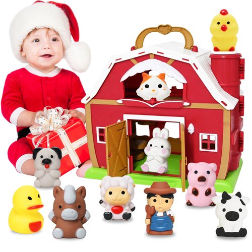 Big Red Barn Toy Farm Animal Finger Puppets for 1-3 Years Old, Pretend Farm Playset with Barn & Farmer, Preschool Montessori Learning Toys, Christmas Birthday Gift for Toddlers Boys Girls