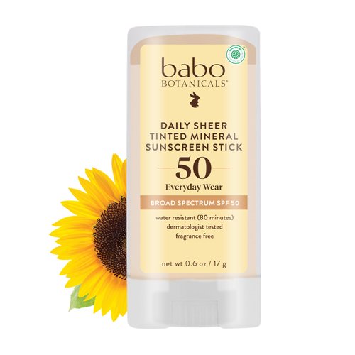 Babo Botanicals Daily Sheer Mineral Tinted Sunscreen Stick SPF50 - Natural Zinc Oxide - For Face - For all ages - EWG Verified - Water Resistant - Fragrance-Free