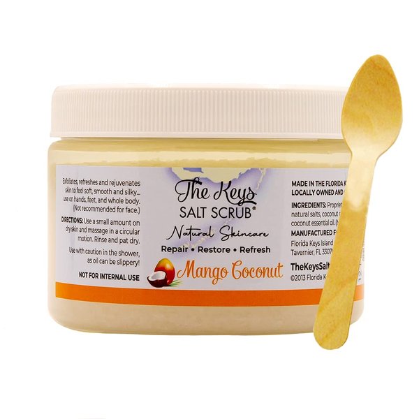 The Keys | Mango Coconut Sea Salt Scrub - Natural Exfoliating Body Scrub with Wooden Spoon, Organic Moisturizing Exfoliator for Face, Hand, Foot, Bath, Manicure/Pedicure & Bikini Area (12 oz)