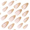 Gold French Tip Press on Nails Mediem Almond Fake Nails Nude False Nails With Design 3D Gold Irregularity Glue on Nails Glossy Acrylic Full Cover Stiletto Stick on Nails for Women Girls Manicure