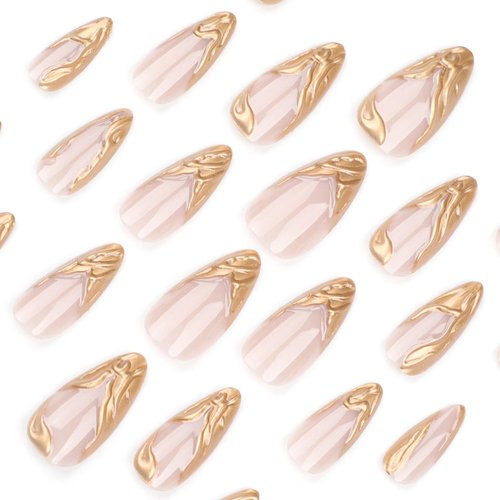 Gold French Tip Press on Nails Mediem Almond Fake Nails Nude False Nails With Design 3D Gold Irregularity Glue on Nails Glossy Acrylic Full Cover Stiletto Stick on Nails for Women Girls Manicure