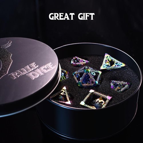 RULE DICE 7pcs Captive Magic Dragon Metal D& D Dice Set, Unique Design, Fantastical Hollow Polyhedral DND Metal Dice, Suitable for Role Playing Games Dungeons and Dragons D&D Dice Set (Rainbow)