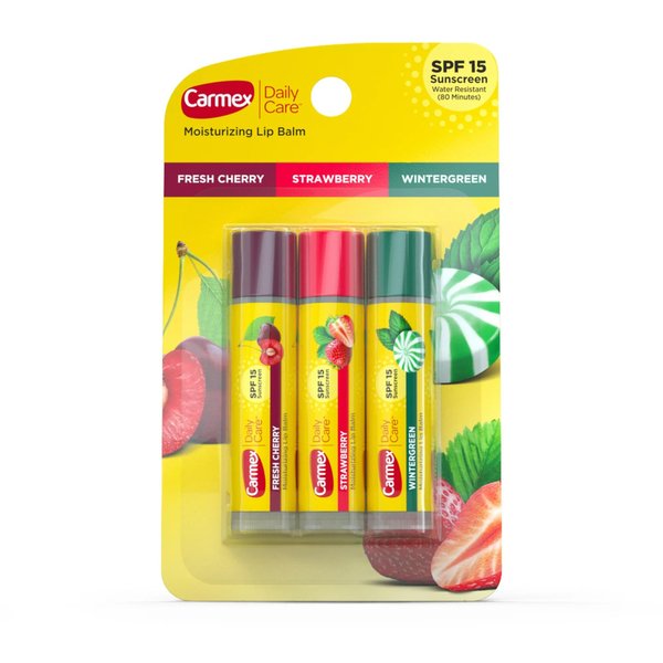 Carmex Daily Care Moisturizing Lip Balm Stick, Cherry, Strawberry, Wintergreen, SPF 15, 0.45 oz, 3 Ct (4 pack) (Bundle)