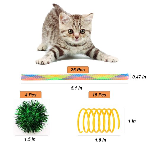 ISMARTEN 45 Pieces Cat Toy Springs Balls Set, Colorful Cat Spring Toy and Cat Tube Toy Interactive Cat Toy and Cat Toy Pom Poms Balls for Kittens to Swat, Bite, Hunt (Random Color)