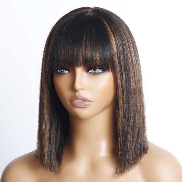 SAYIDON Highlight Bob Wigs with Bangs Human Hair, 12 Inch Glueless 2x1 HD Lace Bob Wig Brown Highlights, Ready to Go Short Yaki Straight Virgin Hair Wigs For Women