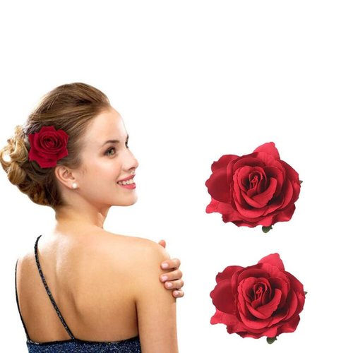 4" Rose Flower Hair Clip Hairpin, Rose Pin up Brooch Floral Clips, Red Bride Flower Hair Accessories for Woman Party Wedding (2 Pack)