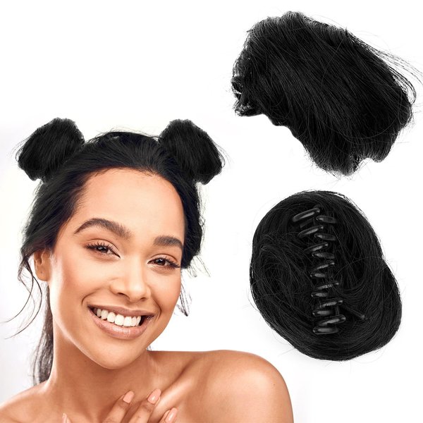 Framendino, 2 Pack Space Bun Hair Pieces Mini Claw Clip in Bun Fake Hair Buns Hair Piece Hair Scrunchies Extension Hairpiece for Women