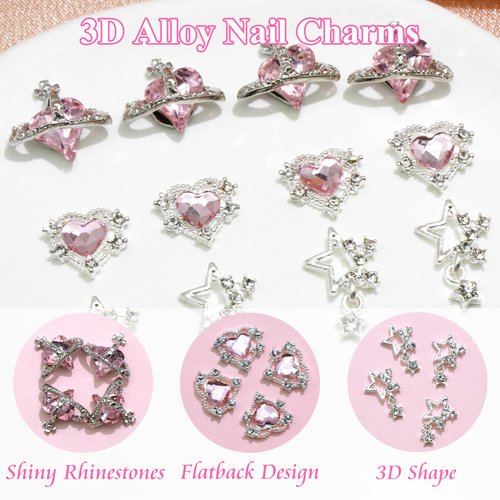 YAEISM 12PCS Nail Art Charms Crystal Heart Nail Charms Pink Shiny Planet Charms 3D Alloy Star Nail Charm Shiny Flatback Diamond Nail Gems Rhinestones for Nail Art and DIY Crafts Jewelry Decoration