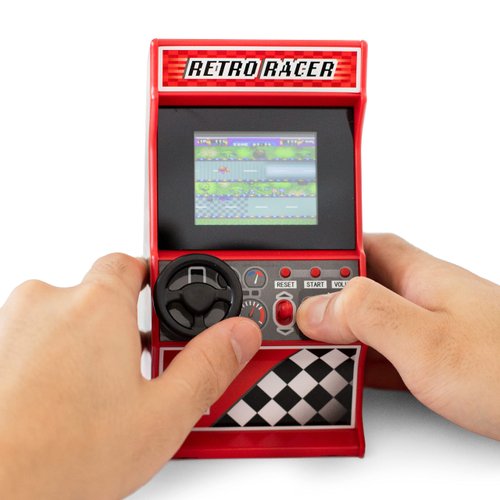 Thumbs Up Mini Arcade Racing Machine: Handheld Console with 30 Pre-Loaded 8-Bit Games, 2.4" LCD Screen, Steering Wheel, Gear Stick, Control Buttons, Games Console