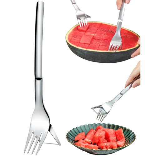 Watermelon Fork Slicer Cutter, 2-in-1 Summer Watermelon Cutting Artifact, Stainless Steel Fruit Forks Slicer Knife for Family Parties Camping