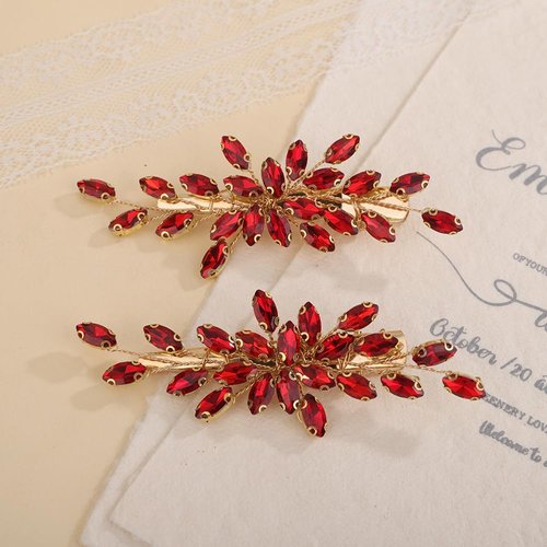 Teyglen Red Rhinestone Bridal Hair Clips Crystal Wedding Hair Barrette for Women Decorative Hair Accessories Jewelry Sparkly Crystal Hair Piece (Red)