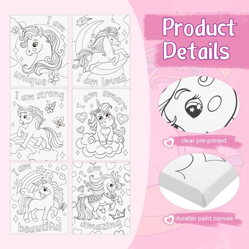 Thinkday 6 Pieces Pre Drawn Canvas for Painting 8 x 10 Inch Pre Drawn Stretched Canvas Positive Affirmations Back to School Paint Kit for Kids Classroom Paint Activity Party Favors(Unicorn)
