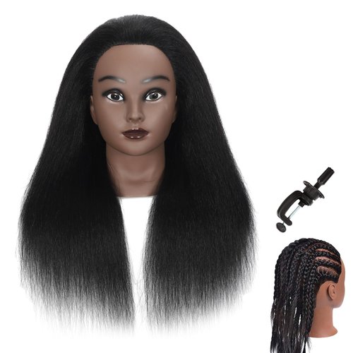 Black Mannequin Head 100% Real Hair Hairdresser Practice Braiding Hair Styling for Hairdresser Training, Beauty School Practice,with Clamp stand,manikin head (18-in-black)