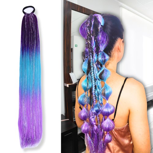 Luviri Ombre Hair Extensions Hair Tinsel 26” Jumbo Ponytail Extension for Braiding Hair on Hair Tie Loose Tinsel Hair Extensions, 9 Soft Fake Hair and Hair Glitter 1 Pcs Ponytail Purples, Blue