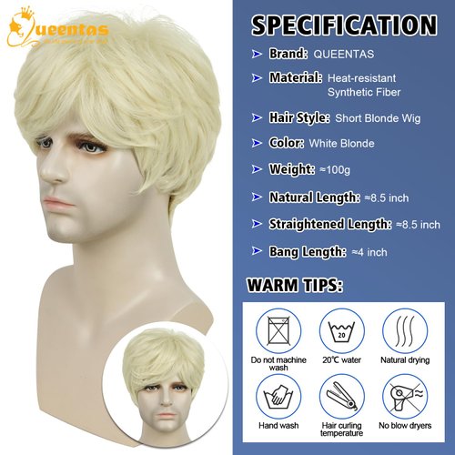 QUEENTAS Mens Wig Short Blonde Wig for Men Natural Cowboy Costume Wigs for Men Short Synthetic Hair Male Wig