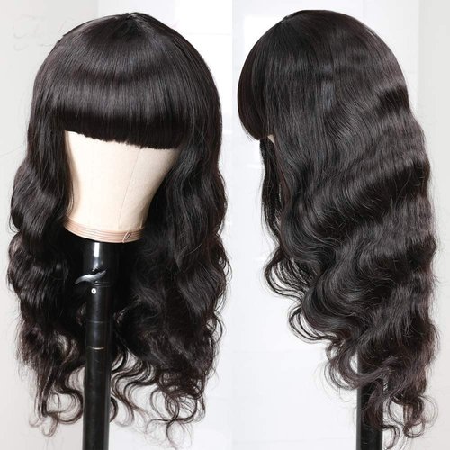 Amella Hair Brazilian Body Wave Wigs With Bangs Virgin Brazilian None Lace Front Wigs Human Hair Wigs 150% Density Glueless Machine Made Wigs For Black Women (24inch,Body wave)