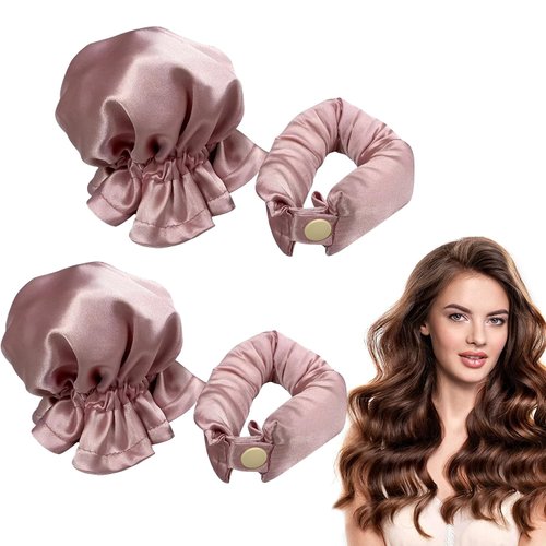 YOUSHEME 4PCS New Satin Heatless Hair Curler, Hair Rollers for No Heat Curls with Hair Caps for All Hair Types, No Heat Curling Headband Can Sleep in Overnight, DIY Hairstyling Tools for Women (Pink)