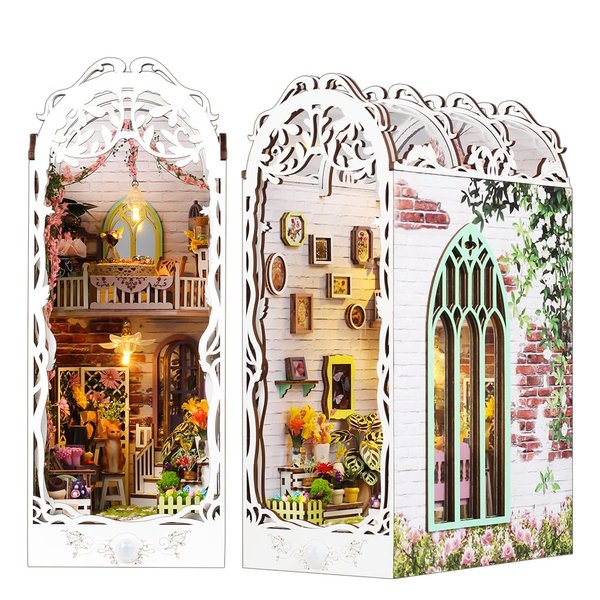 Juivin DIY Miniature Dollhouse Kit Tiny House Crafting Set with Mini Furniture and Accessories with LED Light, Ideal Handmade Gift Creative Projects (Flower-Themed)