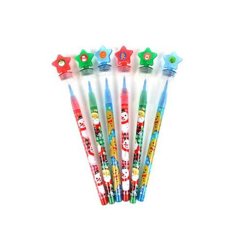 TINYMILLS 24 Pcs Christmas Holidays 2 in 1 Stackable Stacking Crayon with Extra Stamper Topper, Kids Party Favors, Goodie Bag Stuffers, Classroom Rewards, Prizes