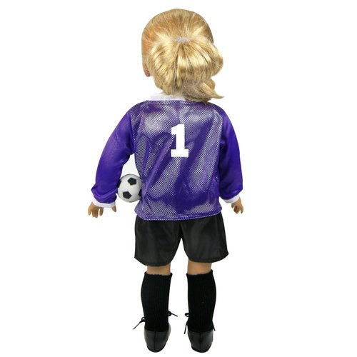 Sophia's 18" Doll 4 pc. Soccer Uniform with Long-Sleeved Purple Jersey, Black Shorts, Black Cleats, and Soccer Ball