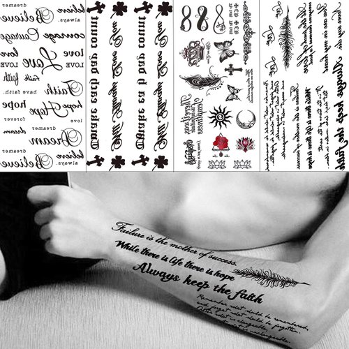 TASROI 18 Sheets Black Inspired Quotes Temporary Tattoos For Women Kids Children Long Lasting Letter Alphabet Words Fake Tattoo Stickers Birds Cross ECG infinity Moon Star Neck Arm Tatoo For Men Adult