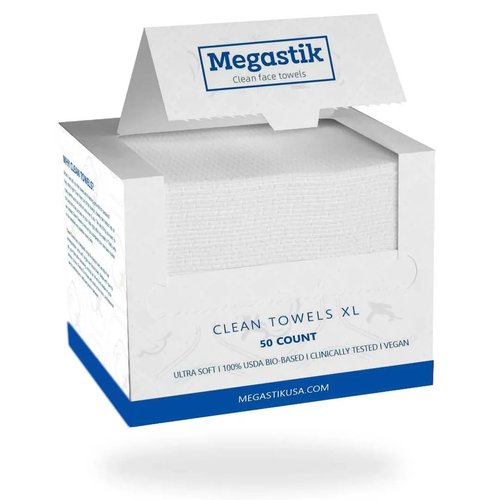 Megastik Clean Towels XL, 100% USDA Biobased Dermatologist Approved Face Towel, Disposable Clinically Tested Face Towelette, Facial Washcloth, Makeup Remover Dry Wipes, 50 ct, 1 pack
