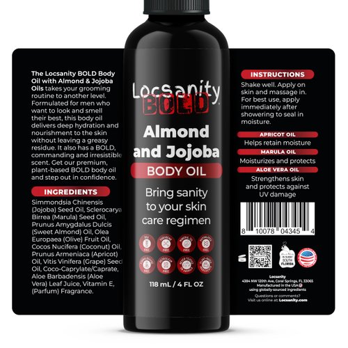 Locsanity Men's Body Oil, Jojoba Seed, Sweet Almond, Extra Virgin Olive, Coconut, Apricot Seed, Grapeseed, Marula, Aloe Vera 4oz