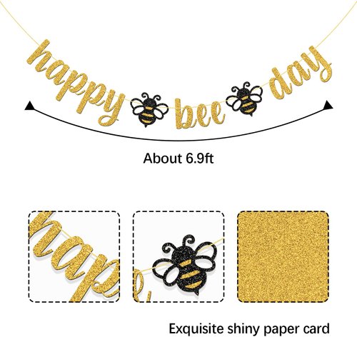 Gold Glitter Happy Bee Day Banner/Bumble Bee Theme Baby Shower Party Supplies/New Mom/Gender Reveal Party/Happy Birthday Party Decorations