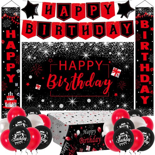 Red and Black Birthday Decorations for Men Women, Happy Birthday Decorations Red Birthday Backdrop Banner Decoration with Happy Birthday Door Banner Latex Balloons Tablecloth Boys Girls Party Supplies