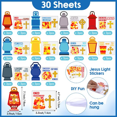 Resholder 30 Sets Christmas Christian Crafts Jesus Lights The Way Stickers Bulk Bible Verse Sticker Religious Cross Ornaments DIY Oil Lamp Craft Kit for Sunday School Classroom Art Xmas Home Church