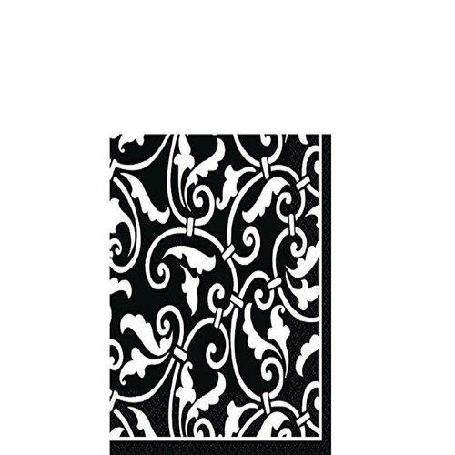 Highly Absorbent Ornamental Scroll Beverage Napkins Party Supply (16 Pack), 5 x 5", Black/White