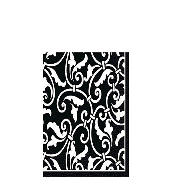 Highly Absorbent Ornamental Scroll Beverage Napkins Party Supply (16 Pack), 5 x 5", Black/White