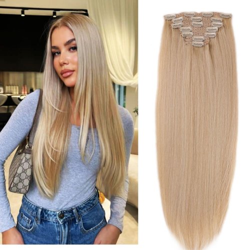 Blonde Highlights Clip in Hair Extensions Invisible Straight Clip in Hair Extensions 24inch for Women
