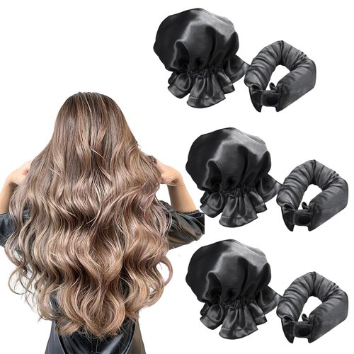 6 pcs Hair Rollers for Heatless Curls with Hair Caps, 3 Set New Satin Heatless Hair Curler, Soft Curling Rod Headband for Sleep in Overnight, DIY Hairstyling Tools for Women (BLACK)