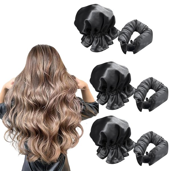 6 pcs Hair Rollers for Heatless Curls with Hair Caps, 3 Set New Satin Heatless Hair Curler, Soft Curling Rod Headband for Sleep in Overnight, DIY Hairstyling Tools for Women (BLACK)