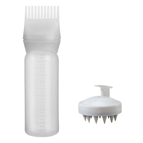 InstaBot Root Comb Applicator Bottle with Scalp Massager, 2 In 1 Oil Applicator for Hair Dye and Scalp Scrubber Shower Brush, 6oz Applicator Bottle for Styling (White)