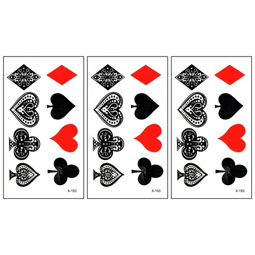 Temporary Tattoos ONCEX Mini 3 Sheets Playing Cards Suit Diamonds Spades Poker Las Vegas Gaming Waterproof Cartoon Fantasy Fashion Sexy Body Art Up Makeup Painting Stickers Mix Color 4.1X2.3 Inch