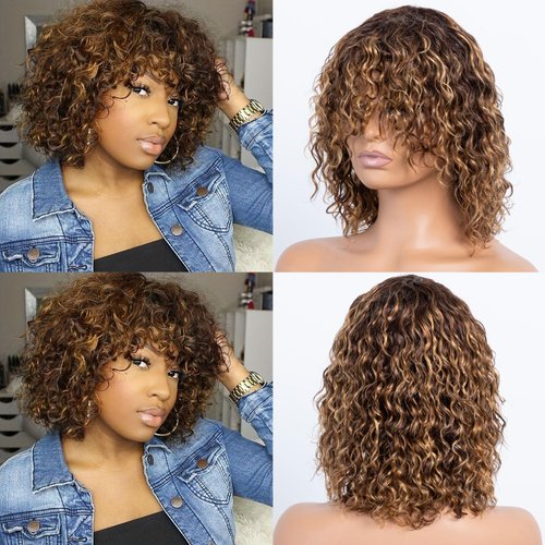 LYOLKSER glueless human hair wig short water wave wig with bangs 100 percent brazilian virgin human hair no lace front wigs for women brown highlight 4/27 wet and wavy human wig 12 inch
