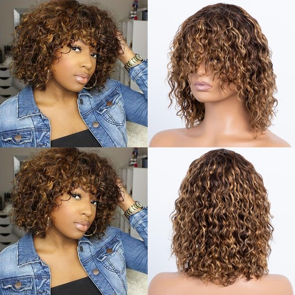 LYOLKSER glueless human hair wig short water wave wig with bangs 100 percent brazilian virgin human hair no lace front wigs for women brown highlight 4/27 wet and wavy human wig 12 inch