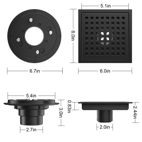 EXF Square Shower Drain 6 Inch Matte Black, Stainless Steel Shower Floor Drain Kit with Flange, Removable Grid Grate, Hair Strainer, Not Fit for Bathtub