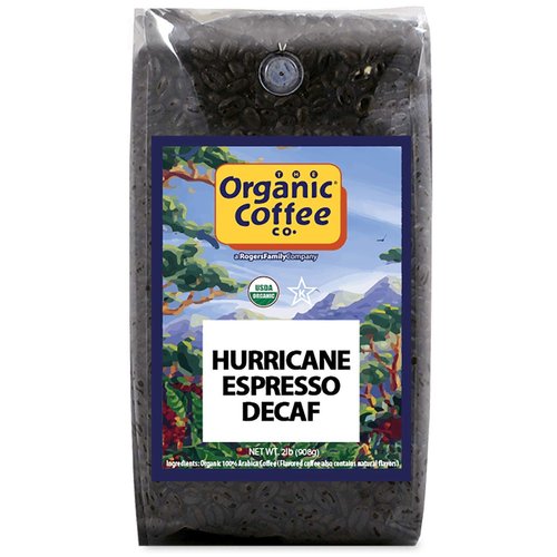 The Organic Coffee Co. Whole Bean Coffee - DECAF Hurricane Espresso Roast (2lb Bag), Medium Dark Roast, Swiss Water Processed, USDA Organic