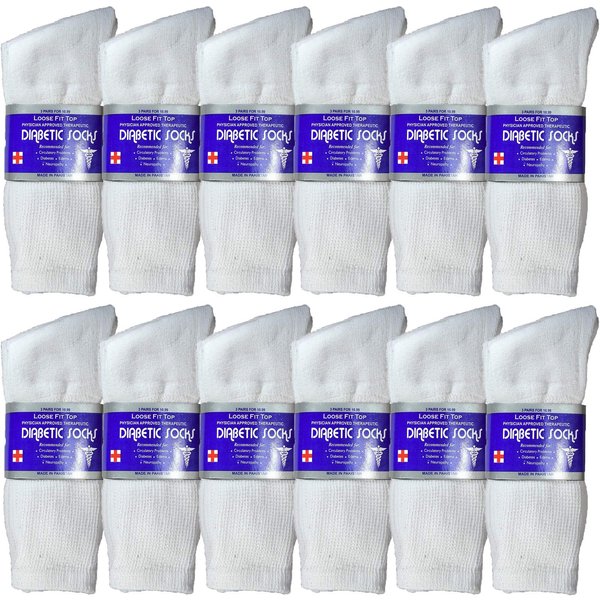 USBingoshop 12 Pairs Mens Physicians Approved Crew Diabetic Socks Cotton 10-13 (12 Pairs D-White)