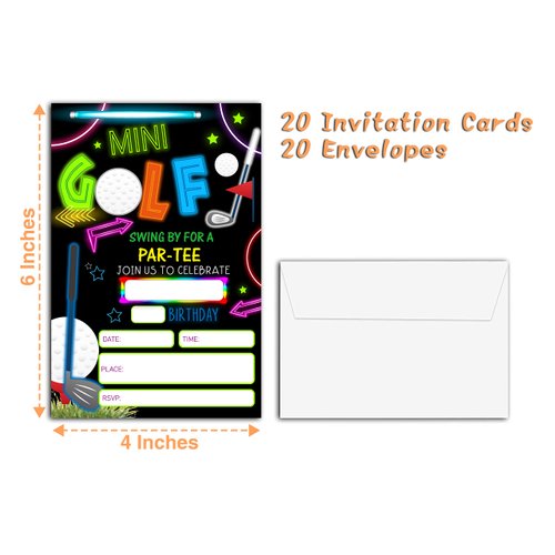 YQV Mini Golf Invitation Birthday Party Invitations, 20-Count Neon Glow Gloss Arcade Laser Sport Theme Birthday Party Invites With Envelopes-HBYQK-B01