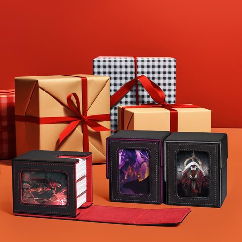 UAONO Card Deck Box with MTG Commander Display, Patented Design Card Deck Case Holds 100+ Double-Sleeved Cards, PU Leather Cards Storage Box For TCG with 2 Dividers, 1 Toploader (Black&Red)