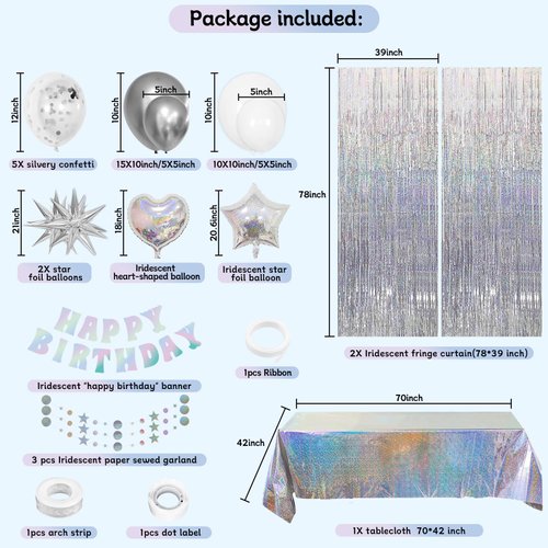 Iridescent Party Decorations, Iridescent Birthday Decorations for Women Girls Men Boys, Happy Birthday Decorations Silver Party Decor Suppies with Iridescent Balloons Tablecloth Banner Fringe Curtain