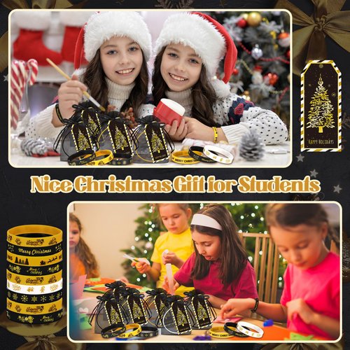 Liliful 24 Set Golden Black Christmas Silicone Bracelets Gifts Set, Golden Xmas Rubber Wristbands with Tags and Organza Bags for Xmas Goody Bag Stuffers Christmas Classroom Gifts Christmas Party Favor