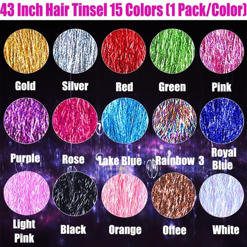 15 Colors Hair Tinsel with Tools Kit 43 Inch 3000 Strands Sparkling Shiny Tinsel Hair Extensions with 10Pcs Synthetic Feather Hair 10 Pcs Rainbow Hair 100 Pcs Hair Beads 1 Pliers 2 Crochet Hooks 1Comb
