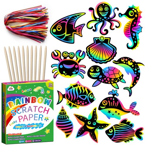 ZMLM Scratch Art Paper Kids - 48 Pcs 12 Style Ocean Animals Rainbow Art Craft Scratch Paper for Party Favor Game Supplies Decoration Halloween Christmas Birthday Gift for Ages 4 5 6 7 8+ Girls Boys