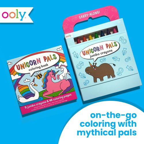 Ooly Travel Art Kit with 9 Jumbo Crayons & 48 Themed Coloring Pages & Case for Easy Traveling Art Creation, Perfect Airplane Travel Set to Entertain Kids - Unicorn Pals