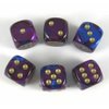 Blue Purple Gemini with Gold Pips 16mm D6 Dice Set of 6 Wondertrail WCX26628E6